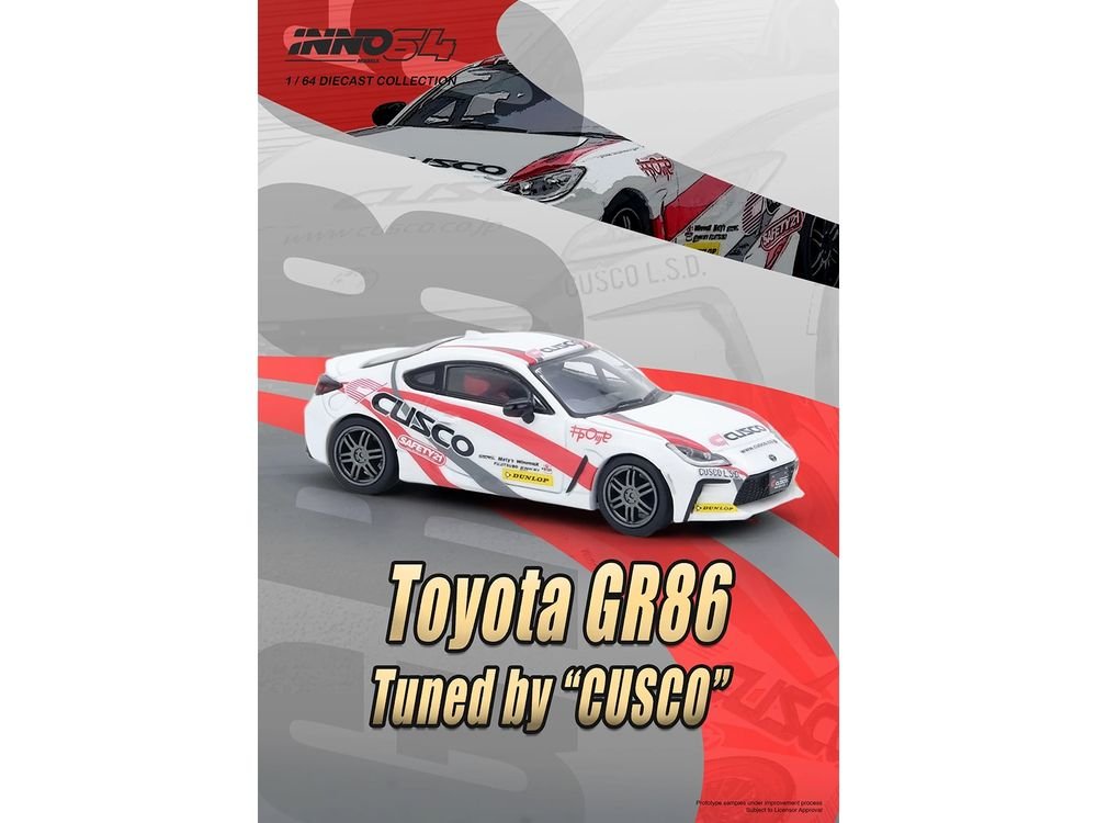 Toyota GR86 Tuned by "CUSCO" RHD (Right Hand Drive) White with Red and Gray Stripes 1/64 Diecast Model Car by Inno Models view 4