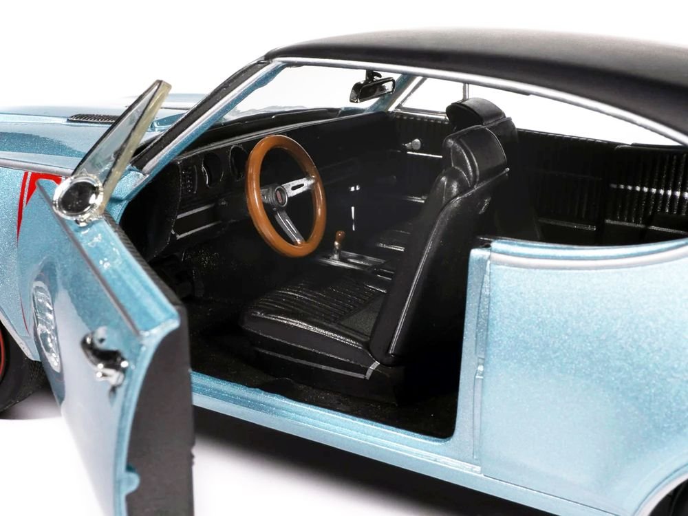 1968 Oldsmobile 442 W30 Holiday Coupe Teal Frost Metallic with Red Stripes and Black Vinyl Top "Hemmings Motor News July 2023 Cover Car" "American Muscle" Series 1/18 Diecast Model Car by Auto World view 4