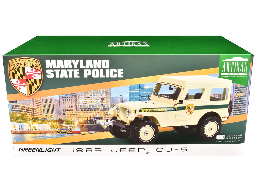 1983 Jeep CJ-5 Hardtop "Maryland State Police" Beige with Green Stripes "Artisan Collection" Series 1/18 Diecast Model Car by Greenlight view 3