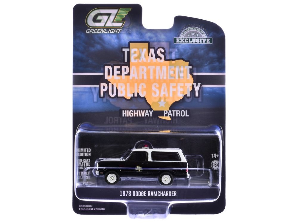 1978 Dodge Ramcharger Police Vehicle "Texas Department of Public Safety Highway Patrol" Black with White Hood and Top "Hobby Exclusive" Series 1/64 Diecast Model Car by Greenlight view 3
