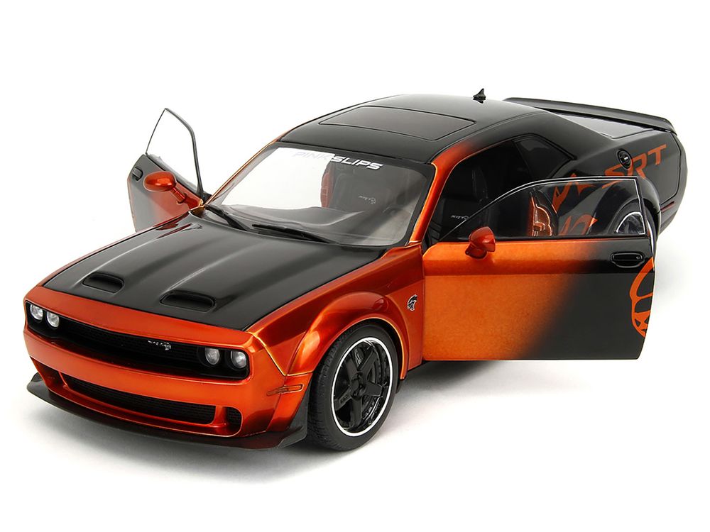 Dodge Challenger SRT Hellcat Orange Metallic and Black "Pink Slips" Series 1/18 Diecast Model Car by Jada view 2