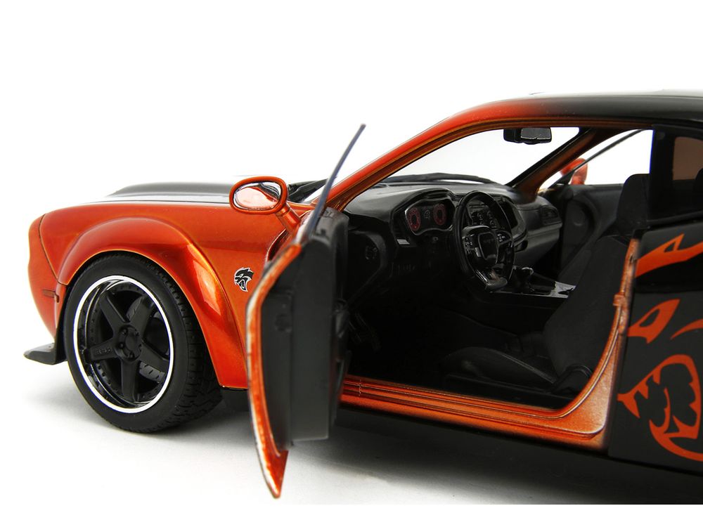Dodge Challenger SRT Hellcat Orange Metallic and Black "Pink Slips" Series 1/18 Diecast Model Car by Jada view 3