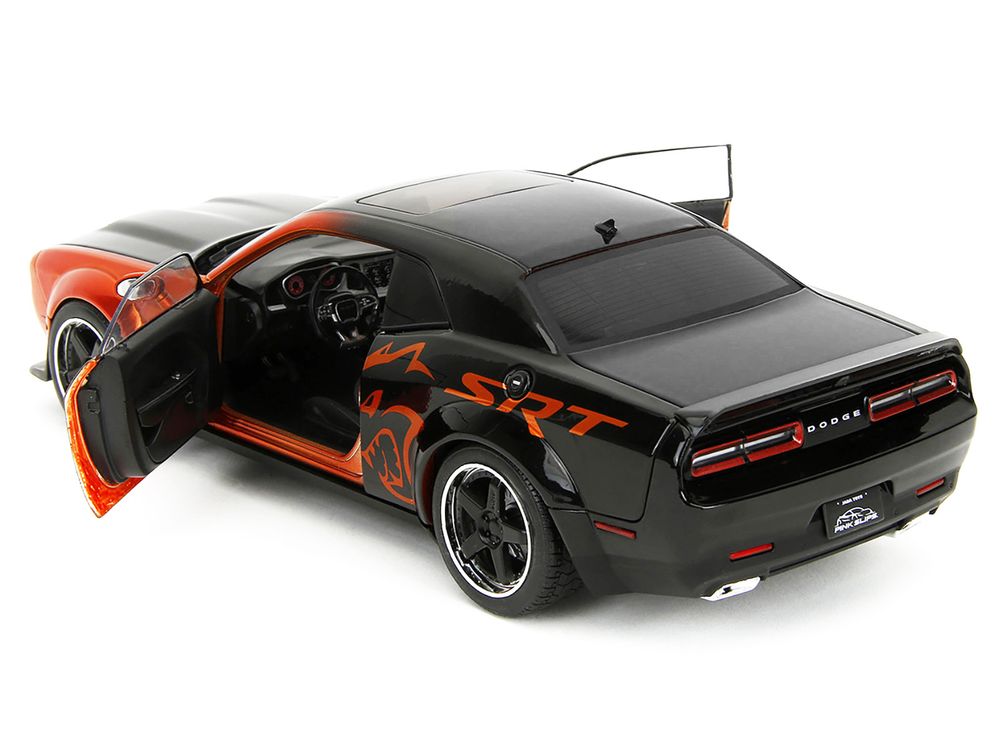 Dodge Challenger SRT Hellcat Orange Metallic and Black "Pink Slips" Series 1/18 Diecast Model Car by Jada view 4