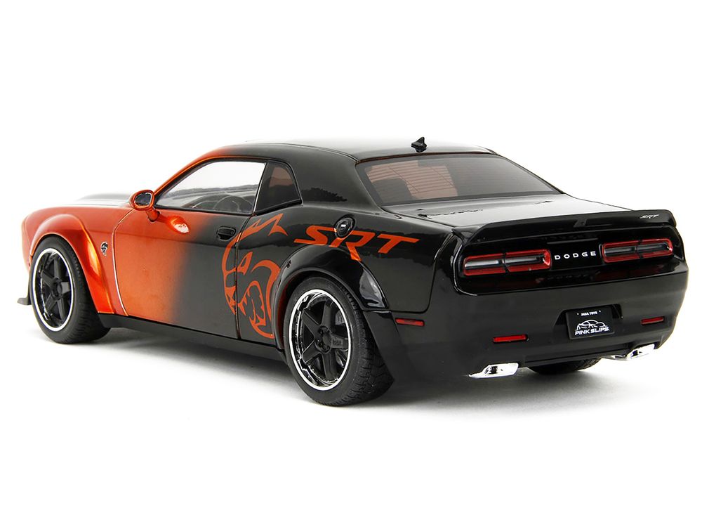Dodge Challenger SRT Hellcat Orange Metallic and Black "Pink Slips" Series 1/18 Diecast Model Car by Jada view 5