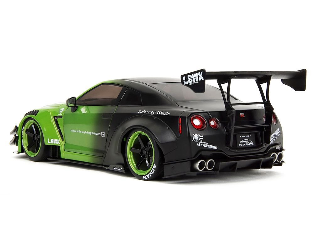Nissan GT-R (R35) Liberty Walk Body Kit 2.0 RHD (Right Hand Drive) Green and Matt Black "Pink Slips" Series 1/18 Diecast Model Car by Jada view 4