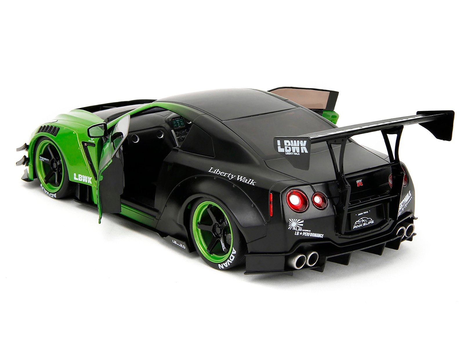 Nissan GT-R (R35) Liberty Walk Body Kit 2.0 RHD (Right Hand Drive) Green and Matt Black "Pink Slips" Series 1/18 Diecast Model Car by Jada view 5