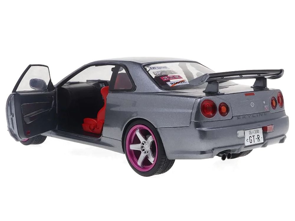 1999 Nissan Skyline GT-R (R34) RHD (Right Hand Drive) Silver Metallic with Purple Wheels 1/18 Diecast Model Car by Solido view 2
