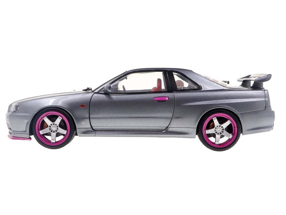 1999 Nissan Skyline GT-R (R34) RHD (Right Hand Drive) Silver Metallic with Purple Wheels 1/18 Diecast Model Car by Solido view 3