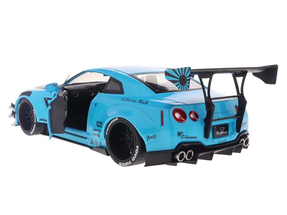 2023 Nissan GT-R (R35) Liberty Walk Body Kit 2.0 RHD (Right Hand Drive) Baby Blue with Carbon Hood 1/18 Diecast Model Car by Solido view 3