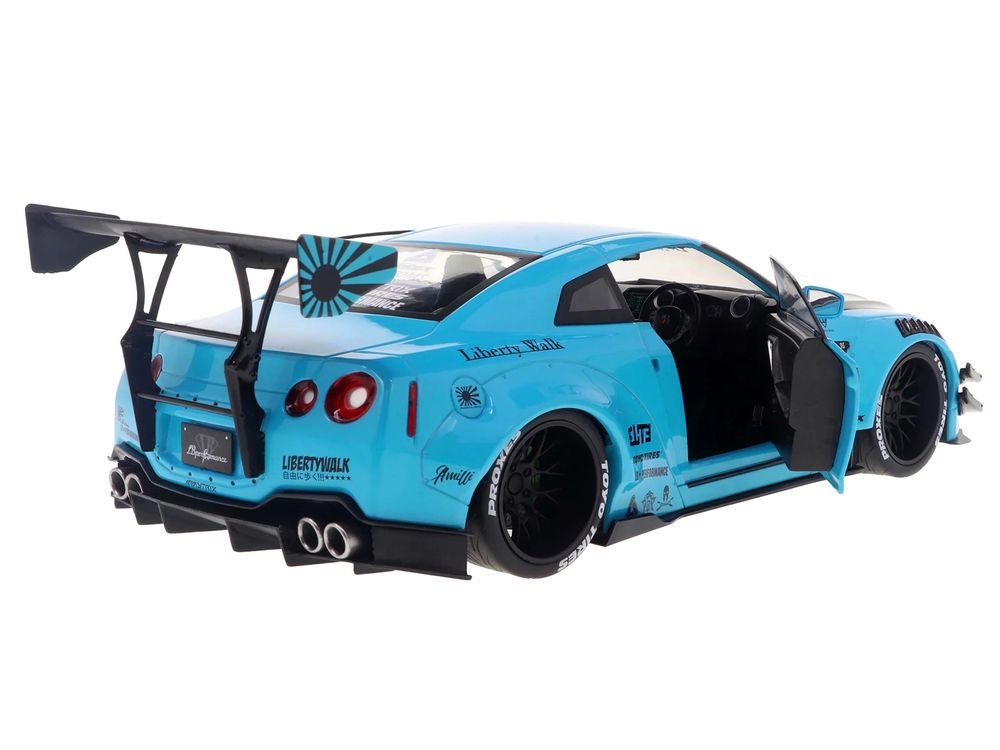 2023 Nissan GT-R (R35) Liberty Walk Body Kit 2.0 RHD (Right Hand Drive) Baby Blue with Carbon Hood 1/18 Diecast Model Car by Solido view 4