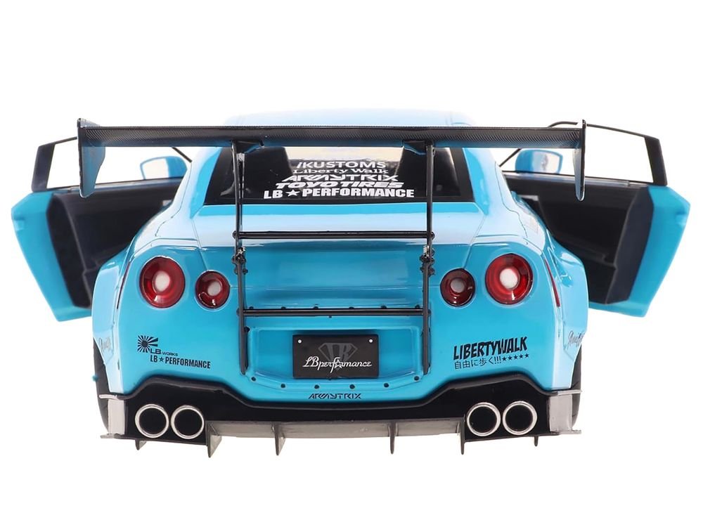 2023 Nissan GT-R (R35) Liberty Walk Body Kit 2.0 RHD (Right Hand Drive) Baby Blue with Carbon Hood 1/18 Diecast Model Car by Solido view 5