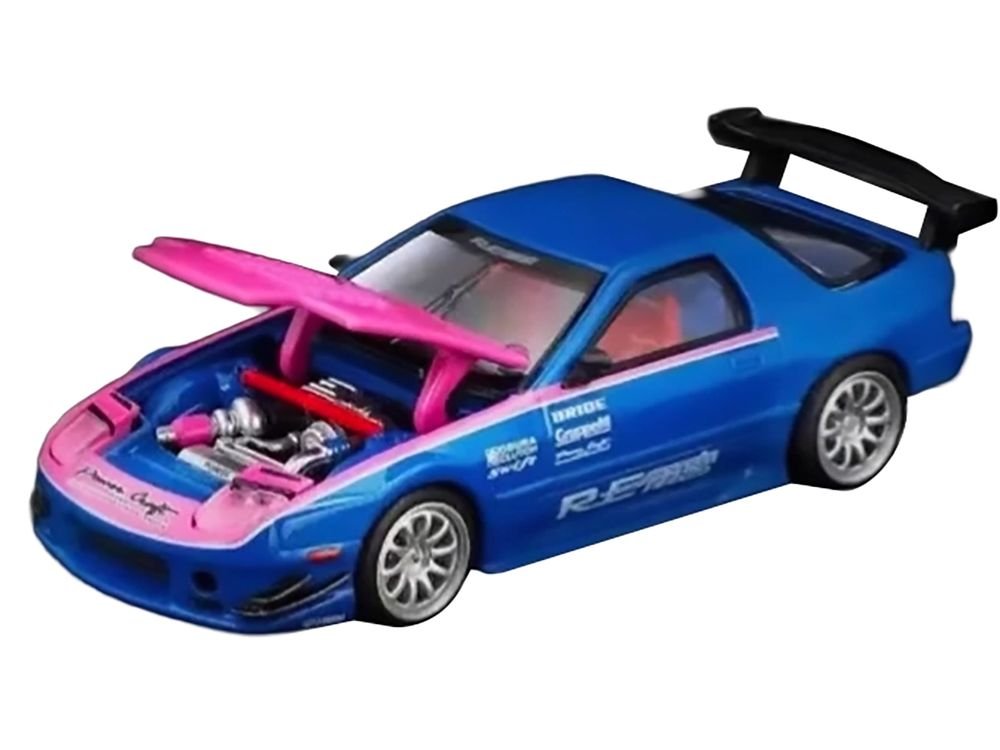 Mazda RX7 (FC3S) RE Amemiya RHD (Right Hand Drive) Blue Metallic with Pink Hood "APA XPO 2025 Exclusive" 1/64 Diecast Model Car by Pop Race view 2