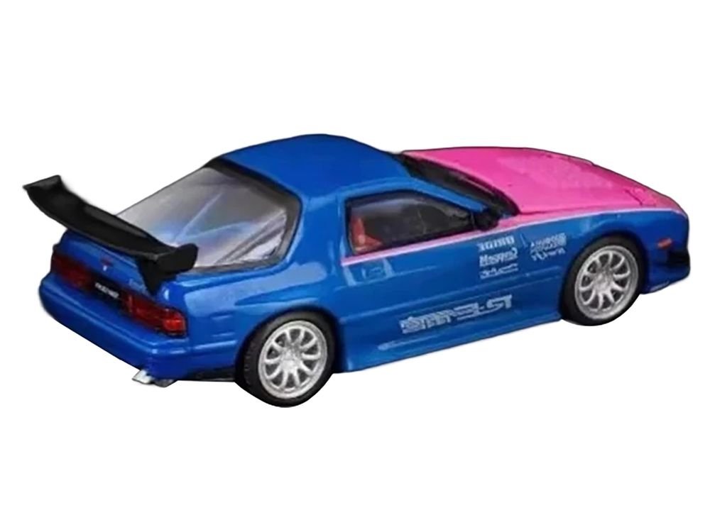 Mazda RX7 (FC3S) RE Amemiya RHD (Right Hand Drive) Blue Metallic with Pink Hood "APA XPO 2025 Exclusive" 1/64 Diecast Model Car by Pop Race view 3