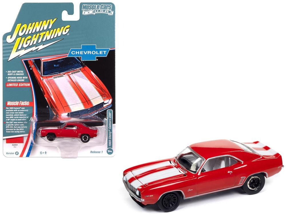 1969 Chevrolet Camaro Z28 Red with White Stripes and Interior "Muscle Cars USA" Series 1/64 Diecast Model Car by Johnny Lightning