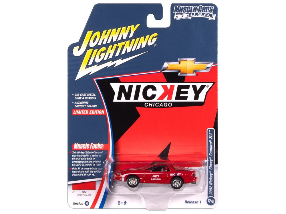 2002 Chevrolet Nickey Camaro ZL1 Bright Rally Red with White Stripes "Muscle Cars USA" Series 1/64 Diecast Model Car by Johnny Lightning view 3