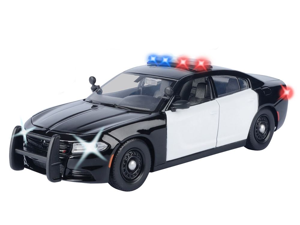 2023 Dodge Charger Pursuit Police Car Black and White with Flashing Light Bar Front and Rear Lights and 2 Sounds "Builder's Kit" 1/24 Diecast Model Car by Motormax view 2