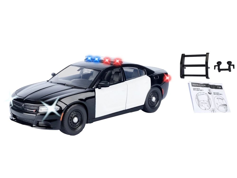 2023 Dodge Charger Pursuit Police Car Black and White with Flashing Light Bar Front and Rear Lights and 2 Sounds "Builder's Kit" 1/24 Diecast Model Car by Motormax view 3