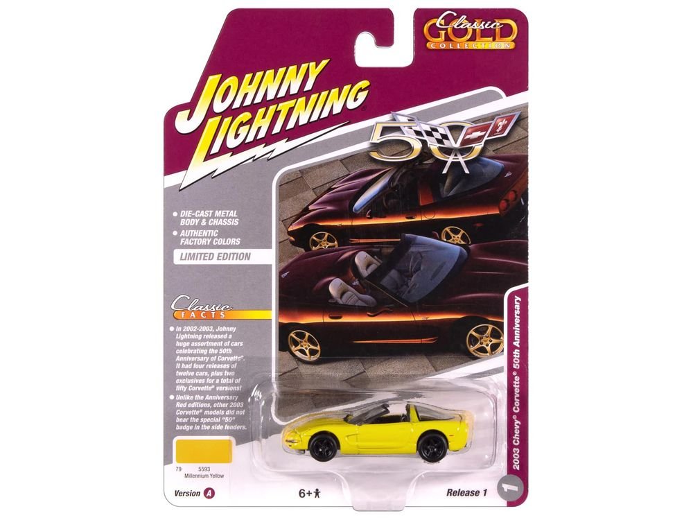 2003 Chevrolet Corvette Convertible "50th Anniversary" Millennium Yellow "Classic Gold Collection" 1/64 Diecast Model Car by Johnny Lightning view 3