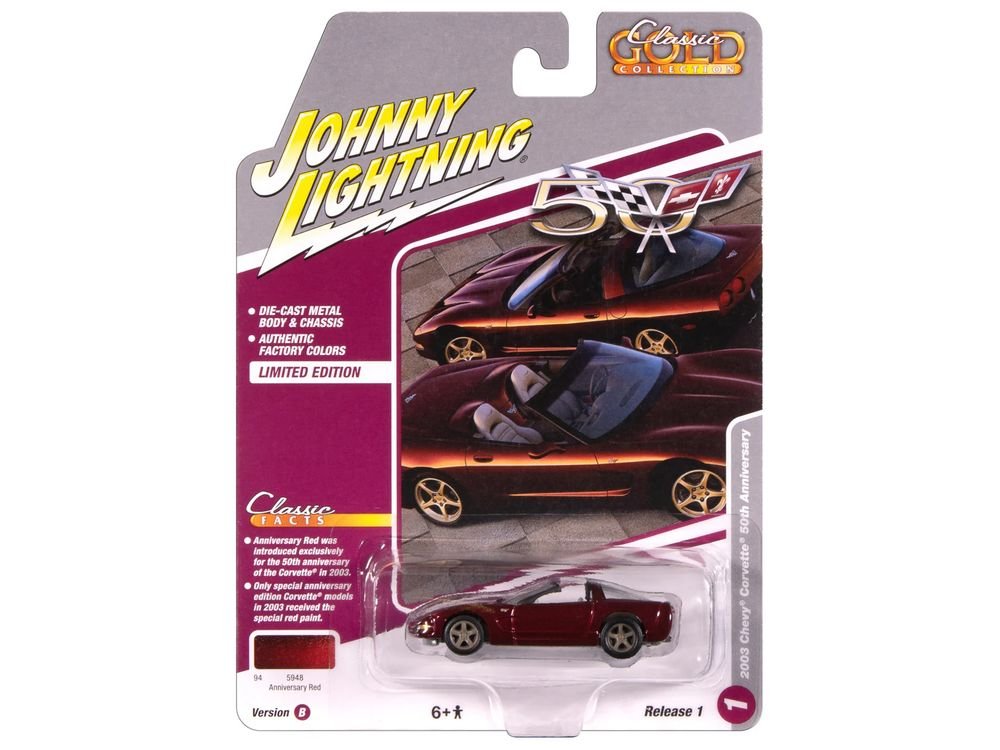 2003 Chevrolet Corvette Convertible "50th Anniversary" Anniversary Red Metallic "Classic Gold Collection" 1/64 Diecast Model Car by Johnny Lightning view 3
