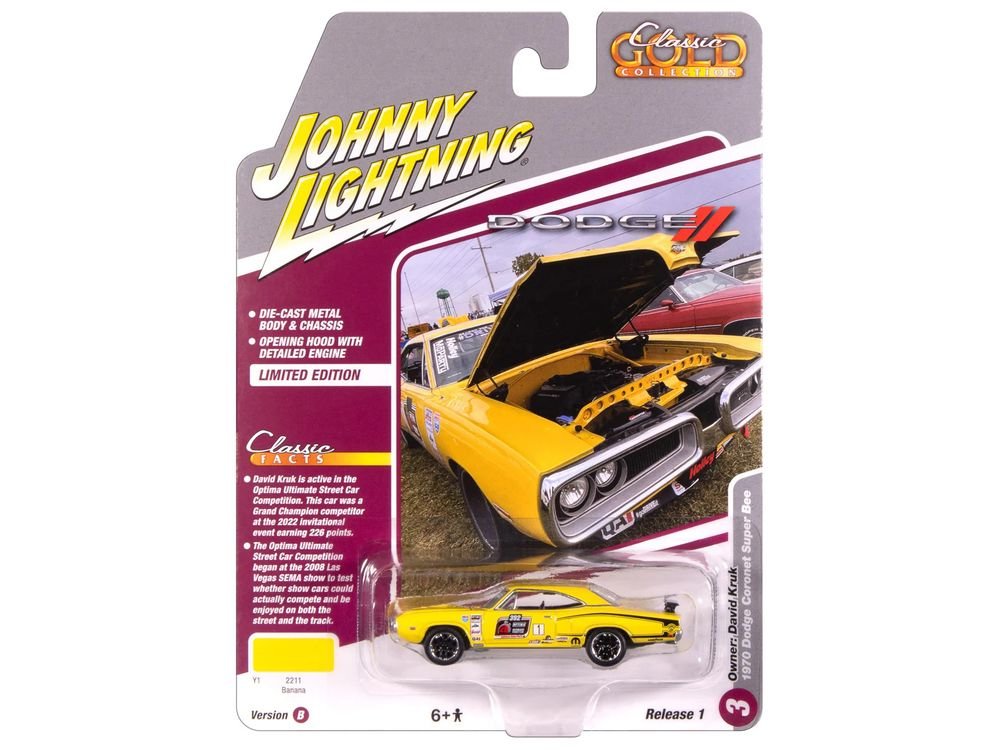 1970 Dodge Coronet Super Bee #1 "David Kruk" Banana Yellow with Black Stripes and Top "Classic Gold Collection" 1/64 Diecast Model Car by Johnny Lightning