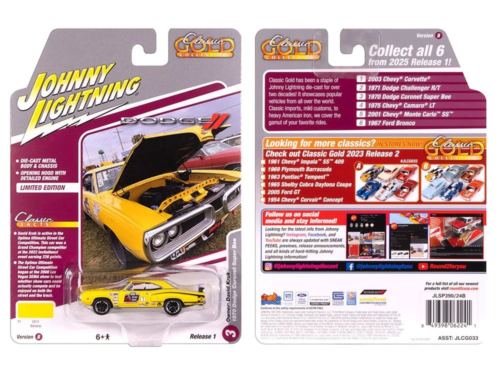1970 Dodge Coronet Super Bee #1 "David Kruk" Banana Yellow with Black Stripes and Top "Classic Gold Collection" 1/64 Diecast Model Car by Johnny Lightning view 3