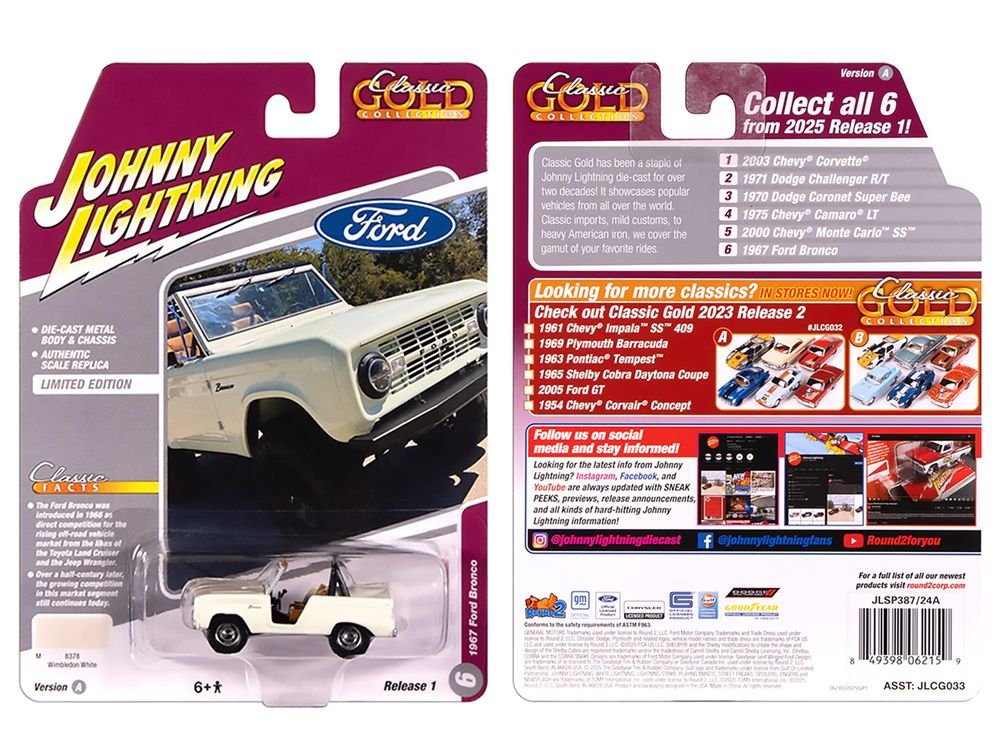 1967 Ford Bronco Wimbledon White "Classic Gold Collection" 1/64 Diecast Model Car by Johnny Lightning view 3