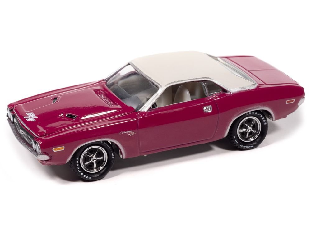 1971 Dodge Challenger R/T Panther Pink with White Top and Interior "Classic Gold Collection" 1/64 Diecast Model Car by Johnny Lightning view 2