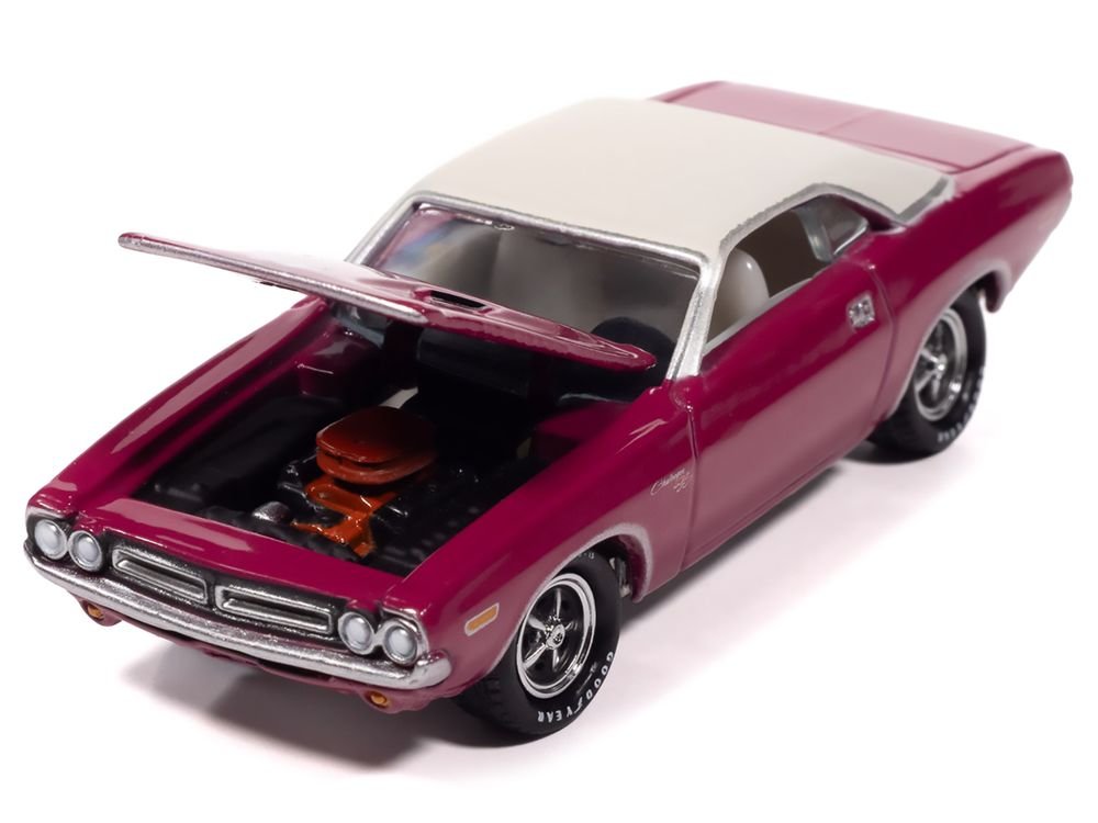 1971 Dodge Challenger R/T Panther Pink with White Top and Interior "Classic Gold Collection" 1/64 Diecast Model Car by Johnny Lightning view 3