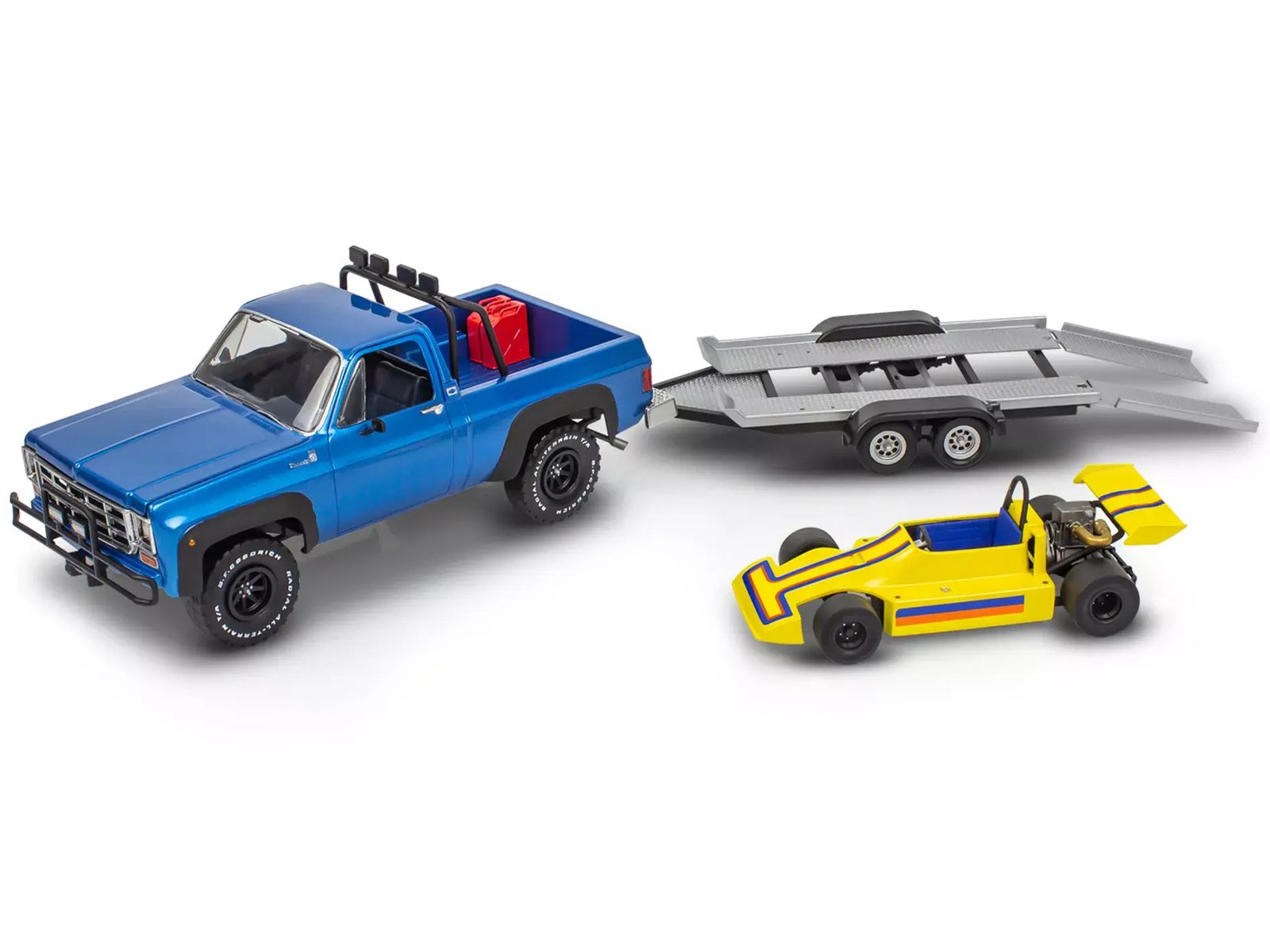 Level 3 Model Kit 1978 Chevrolet Off-Road 4x4 Pickup Truck and "Malibu Grand Prix" Virage with Trailer "Fantasy Formula" 1/25 Scale Model by Revell view 2