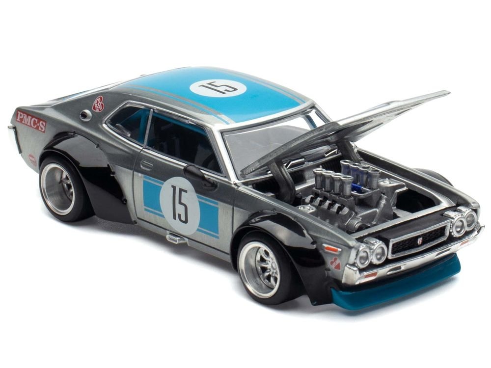 Datsun Laurel C130 RHD (Right Hand Drive) #15 Raw Metal with Blue Stripes "APA XPO 2025 Exclusive" 1/64 Diecast Model Car by Pop Race view 2
