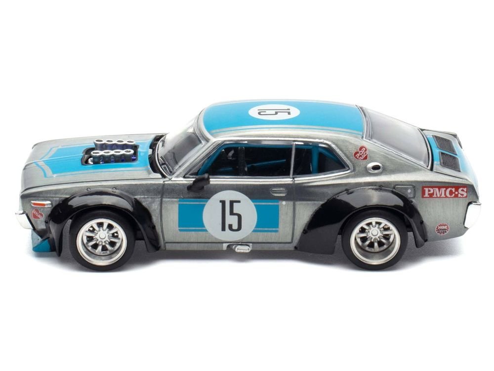 Datsun Laurel C130 RHD (Right Hand Drive) #15 Raw Metal with Blue Stripes "APA XPO 2025 Exclusive" 1/64 Diecast Model Car by Pop Race view 3
