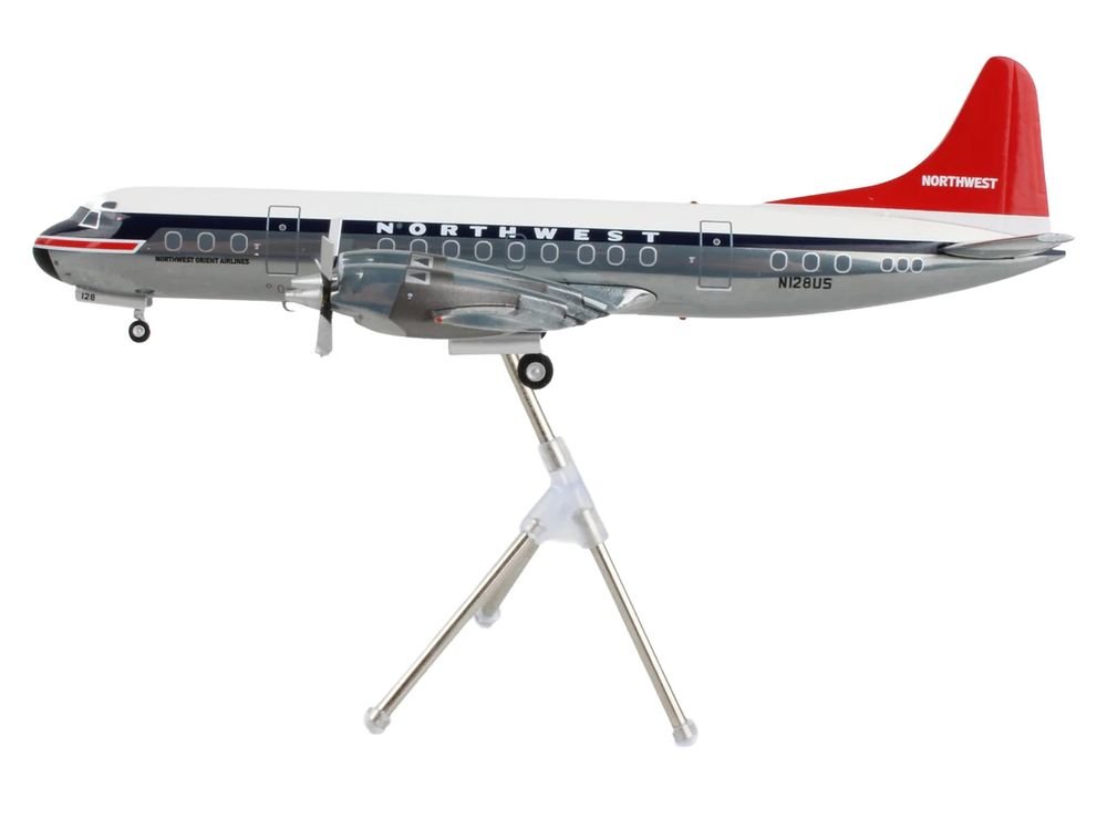 Lockheed L-188 Electra Commercial Aircraft "Northwest Orient" (N128US) White and Gray with Blue Stripes and Red Tail "Gemini 200" Series 1/200 Diecast Model Airplane by GeminiJets view 2