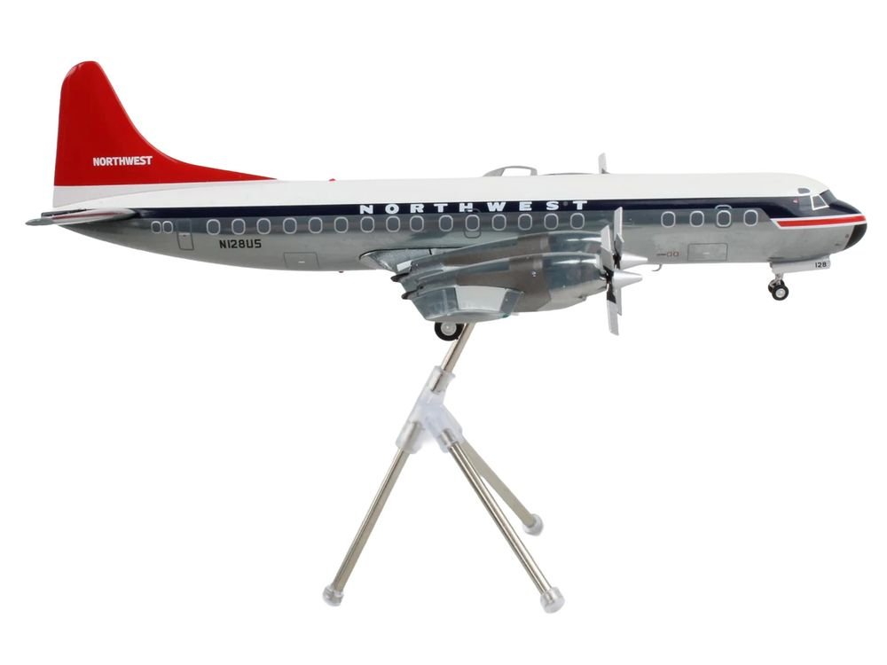 Lockheed L-188 Electra Commercial Aircraft "Northwest Orient" (N128US) White and Gray with Blue Stripes and Red Tail "Gemini 200" Series 1/200 Diecast Model Airplane by GeminiJets view 3