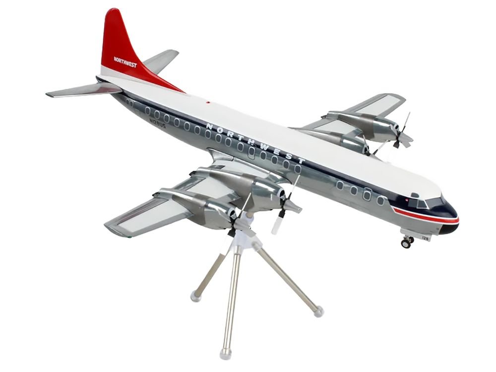 Lockheed L-188 Electra Commercial Aircraft "Northwest Orient" (N128US) White and Gray with Blue Stripes and Red Tail "Gemini 200" Series 1/200 Diecast Model Airplane by GeminiJets view 4