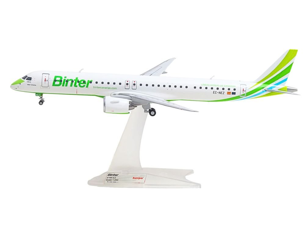 Embraer E195-E2 Commercial Aircraft "Binter Canarias" (EC-NEZ) White with Green Striped Tail 1/200 Diecast Model by Herpa view 2
