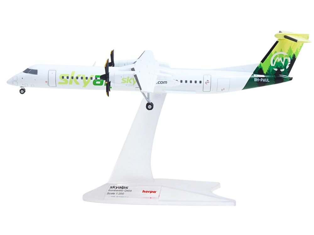 Bombardier Q400 Commercial Aircraft "Sky Alps" (9H-PAUL) White with Green Tail Graphics 1/200 Diecast Model by Herpa view 2