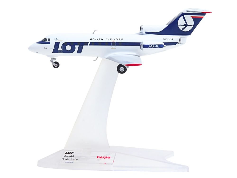 Yakovlev Yak-40 Commercial Aircraft "LOT Polish Airlines" (SP-GEA) White with Blue Stripes and Tail 1/200 Diecast Model by Herpa view 2
