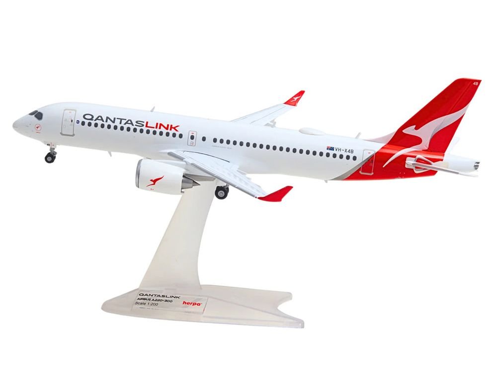 Airbus A220-300 Commercial Aircraft "QantasLink" (VH-X4B) White with Red Tail 1/200 Diecast Model by Herpa view 2