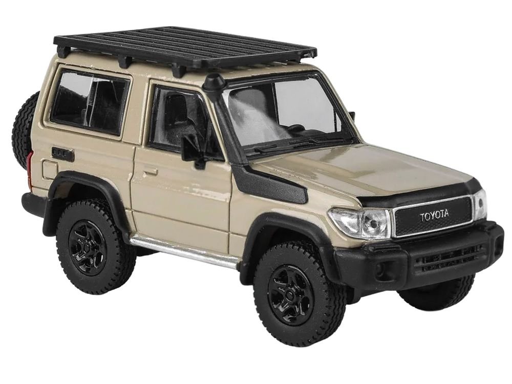 2023 Toyota Land Cruiser 71 Sandy Taupe "70th Anniversary" with Roofrack 1/64 Diecast Model Car by Paragon view 2