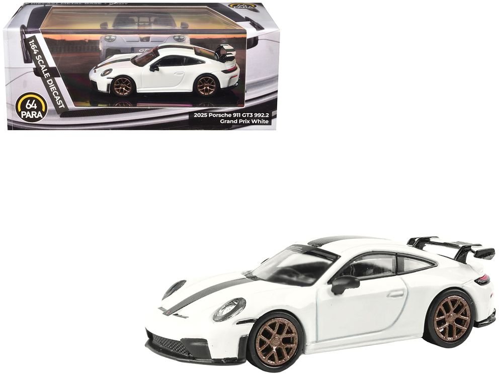 2025 Porsche 911 GT3 (992.2) Grand Prix White with Carbon Stripe 1/64 Diecast Model Car by Paragon