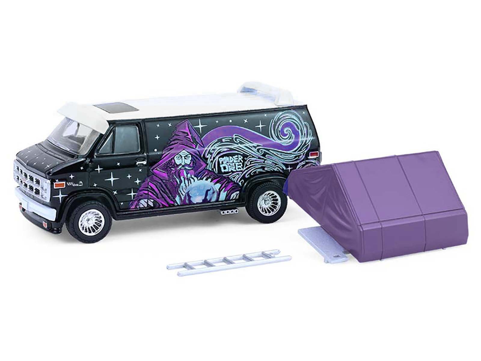 1978 GMC Vandura Custom Van Black with Wizard Graphics and White Top with Camp'otel Cartop Sleeper Tent "The Great Outdoors" Series 4 1/64 Diecast Model Car by Greenlight view 2