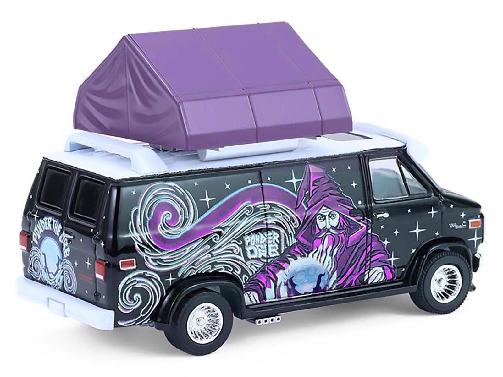 1978 GMC Vandura Custom Van Black with Wizard Graphics and White Top with Camp'otel Cartop Sleeper Tent "The Great Outdoors" Series 4 1/64 Diecast Model Car by Greenlight view 4