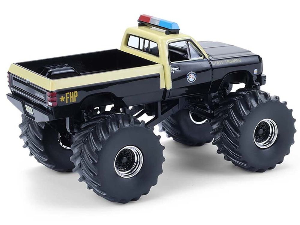 1983 Dodge Ram W350 Monster Truck "Florida Highway Patrol" Black with Cream Top and Stripes "Kings of Crunch - Hot Pursuit" Special Edition 1/64 Diecast Model Car by Greenlight view 3