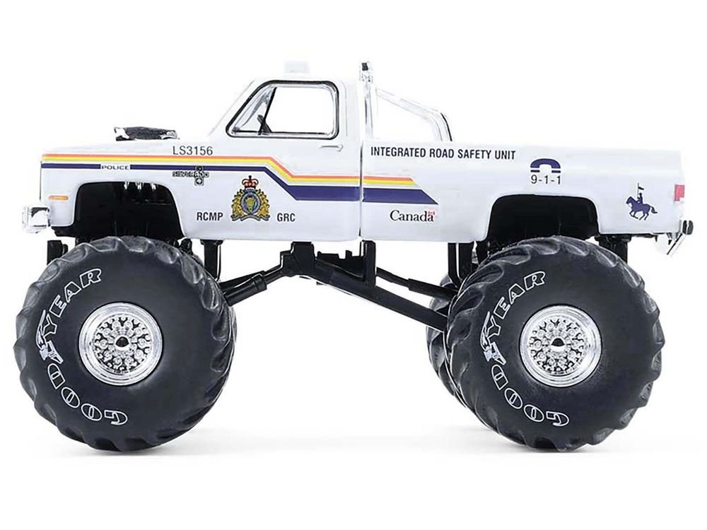 1986 Chevrolet Silverado Monster Truck "Royal Canadian Mounted Police" White with Stripes "Kings of Crunch - Hot Pursuit" Special Edition 1/64 Diecast Model Car by Greenlight view 2