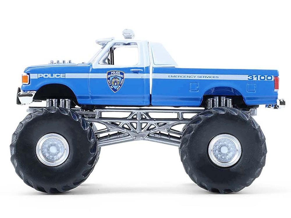 1990 Ford F-350 Monster Truck "NYPD (New York Police Department)" Blue with White Top "Kings of Crunch - Hot Pursuit" Special Edition 1/64 Diecast Model Car by Greenlight view 2
