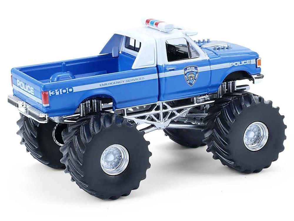 1990 Ford F-350 Monster Truck "NYPD (New York Police Department)" Blue with White Top "Kings of Crunch - Hot Pursuit" Special Edition 1/64 Diecast Model Car by Greenlight view 3