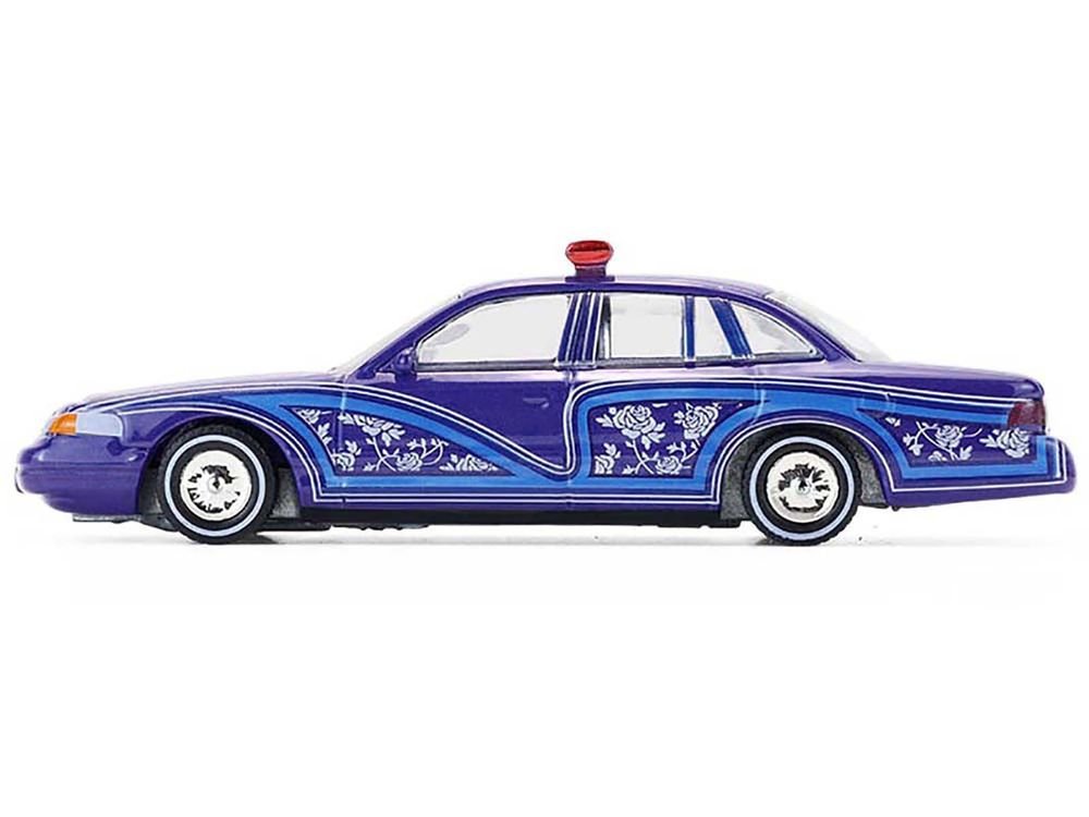 1992 Ford Crown Victoria Lowrider Blue with Graphics and Lightbar "California Lowriders" Series 7 1/64 Diecast Model Car by Greenlight view 3
