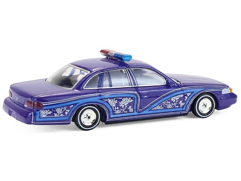 1992 Ford Crown Victoria Lowrider Blue with Graphics and Lightbar "California Lowriders" Series 7 1/64 Diecast Model Car by Greenlight view 4