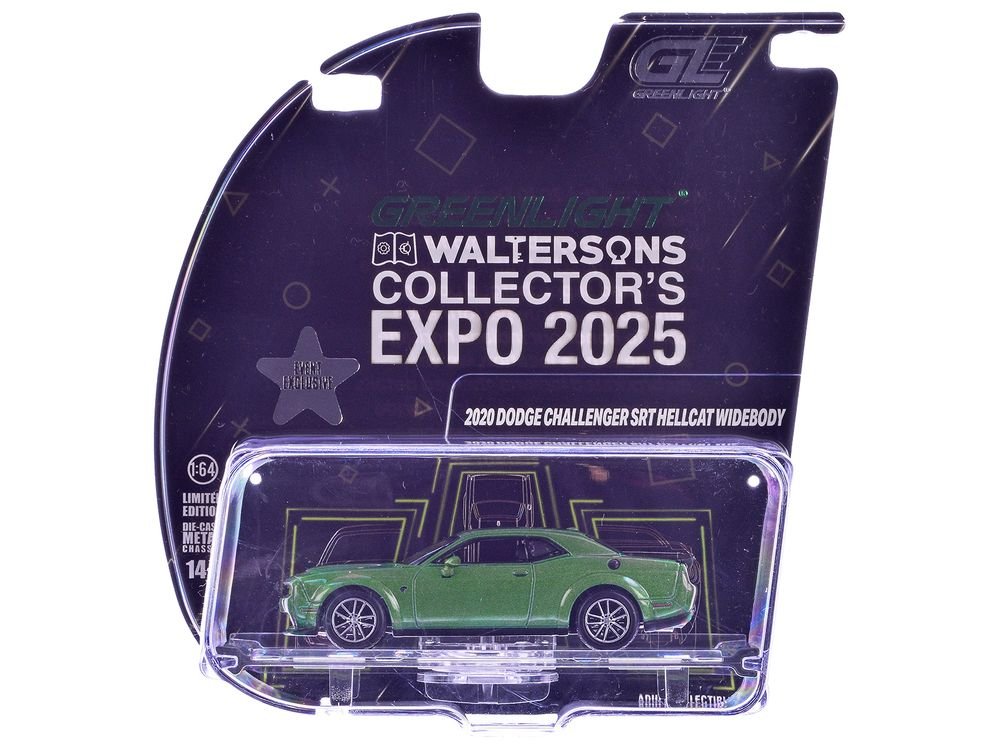 2020 Dodge Challenger SRT Hellcat Widebody F8 Green Metallic with Black Indiana Stripes "2025 Greenlight Waltersons Collector's Expo Exclusive" 1/64 Diecast Model Car by Greenlight view 3