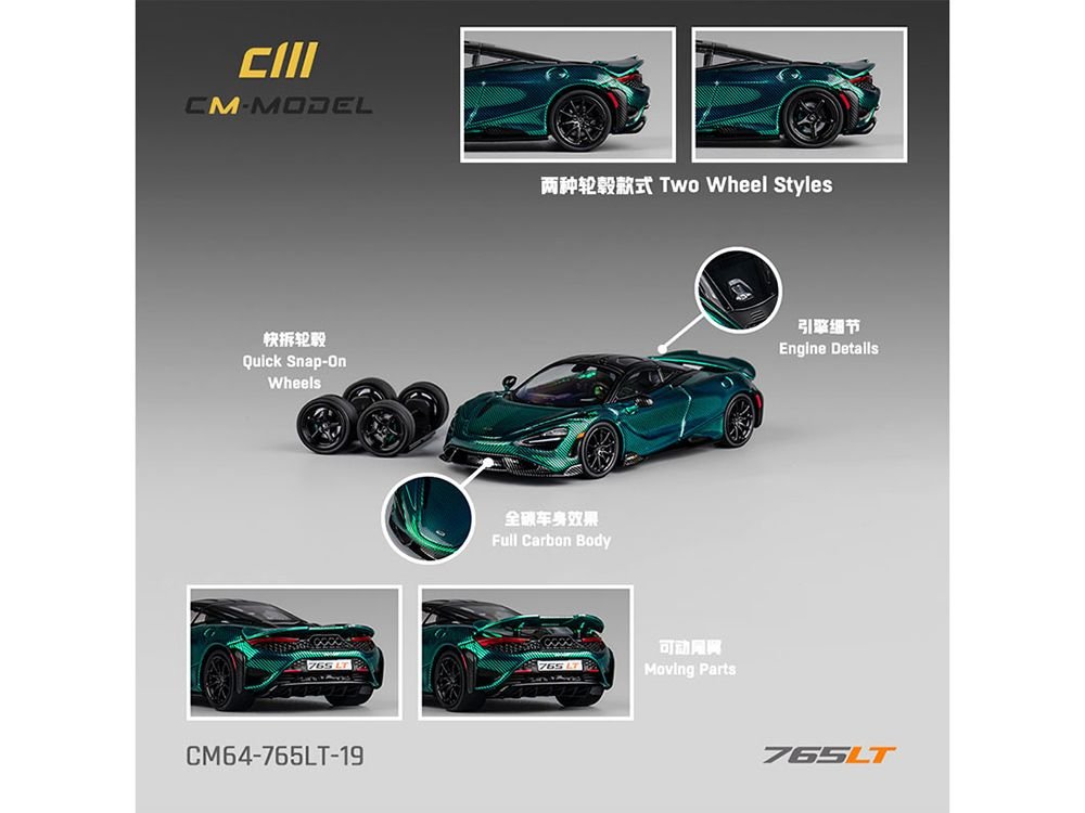 McLaren 765LT Green Carbon Metallic with Black Top and Extra Wheels 1/64 Diecast Model Car by CM Model view 2